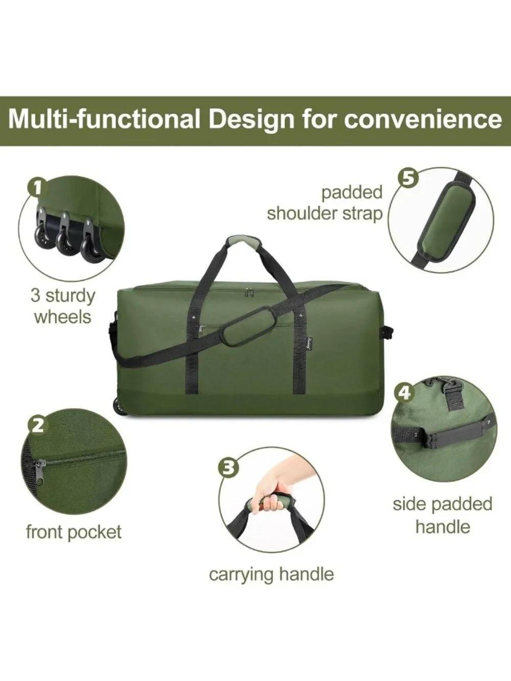120L Foldable Rolling Duffel Bag with 3 Wheels, Lightweight Travel Bag, Large